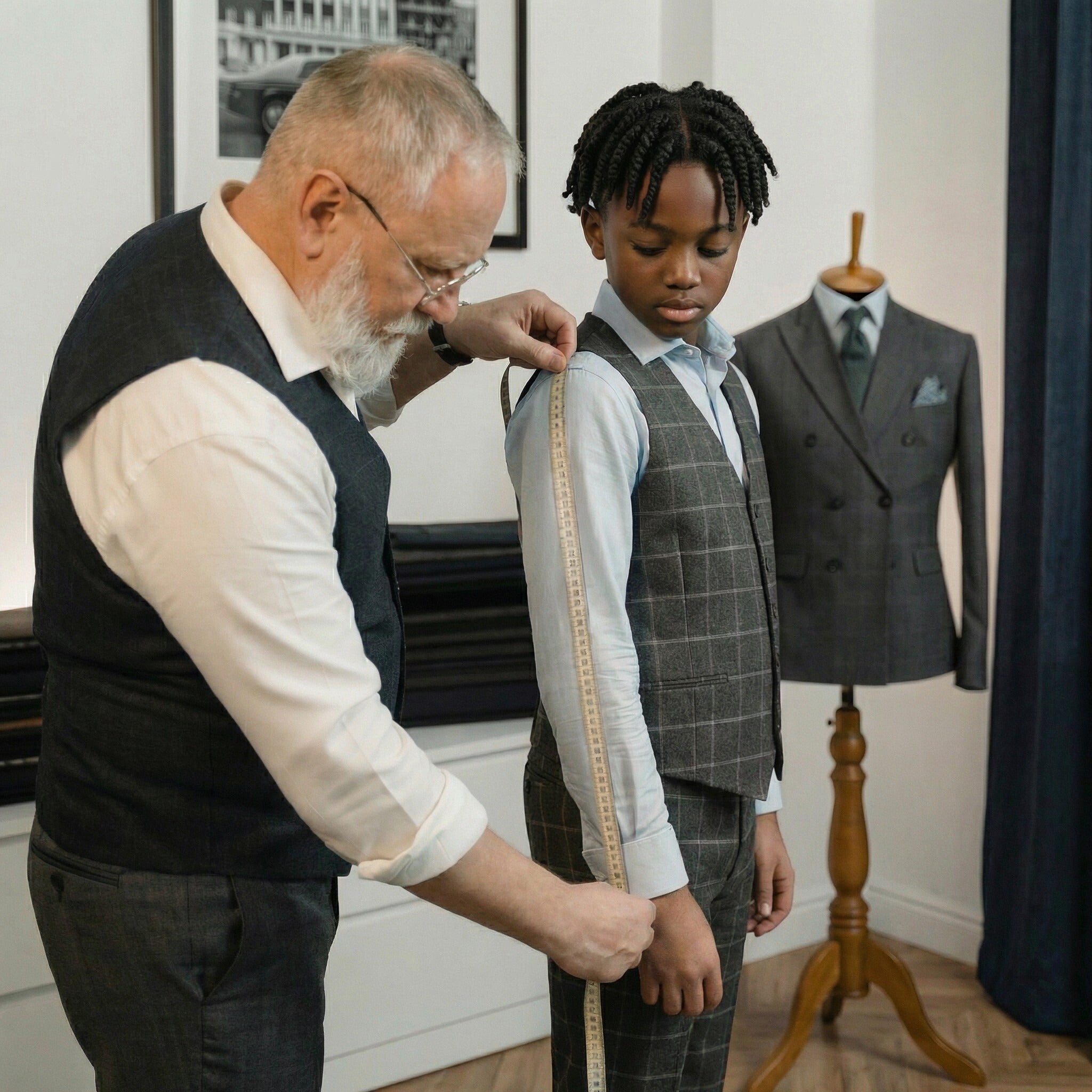 A tailor taking in the measurement of a boy for a boys suit.