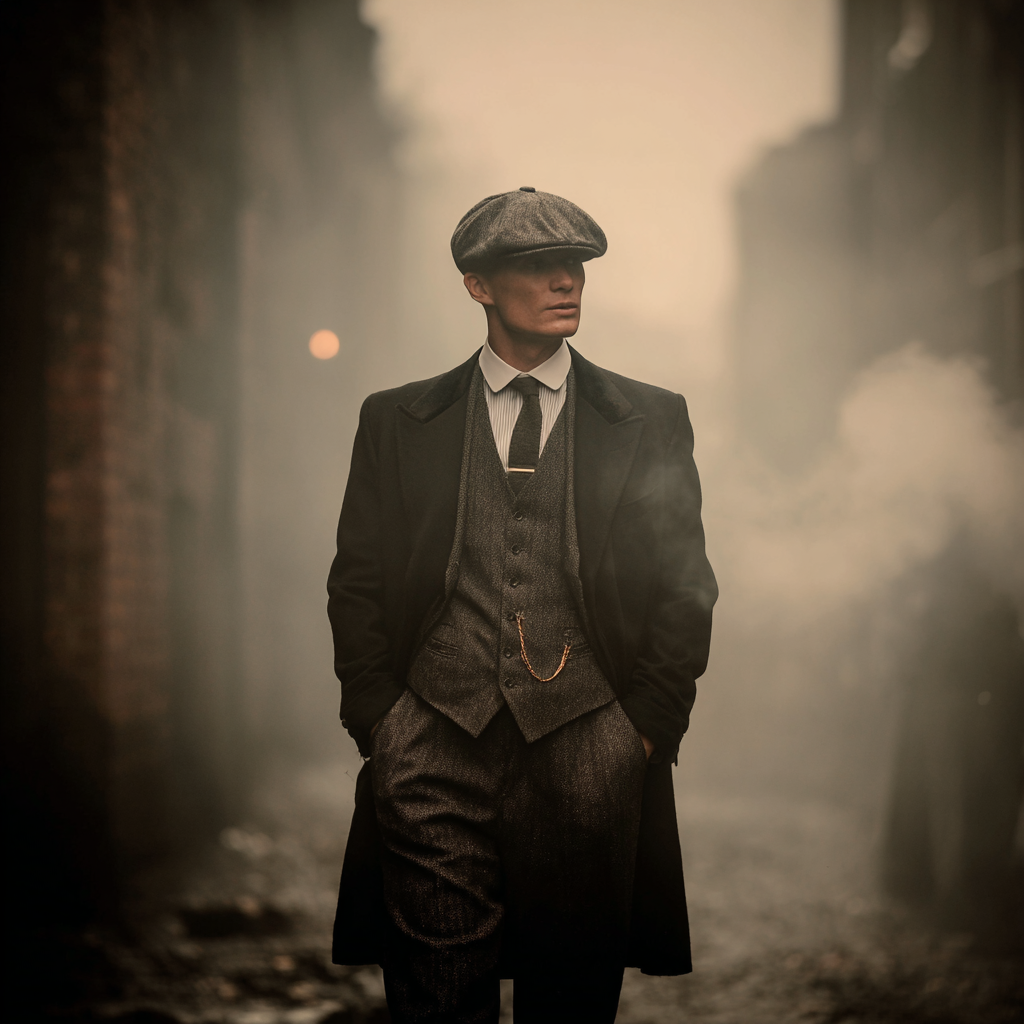 A man resembling Tommy Shelby in a Peaky Blinders style outfit