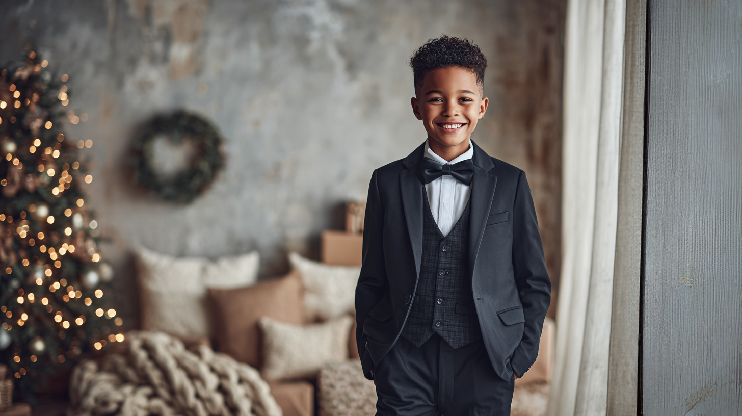 A boy wearing a christmas black tuxedo with bow tie