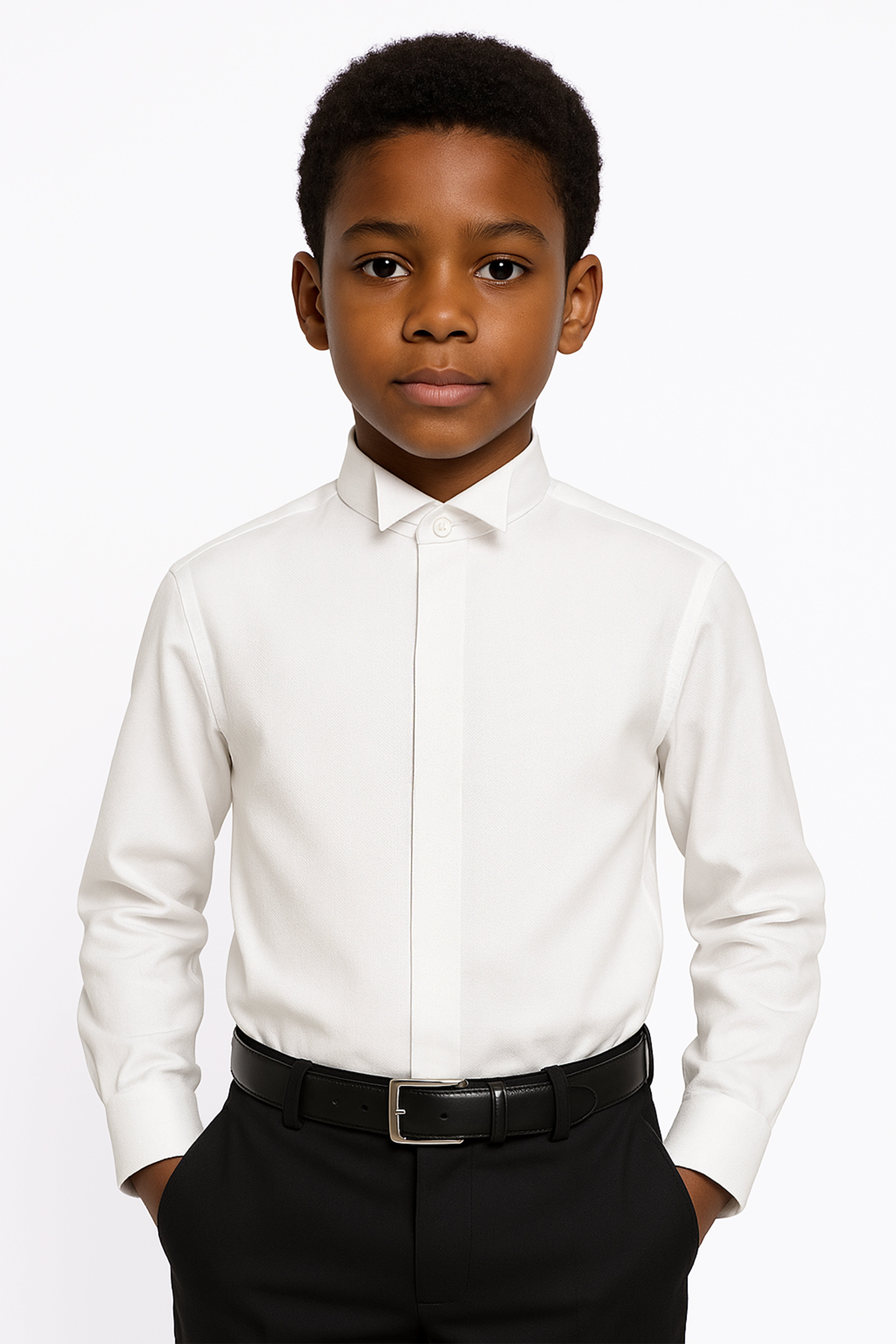 Boys Wing Collar Herringbone Dress Shirt - Harput - Ivory