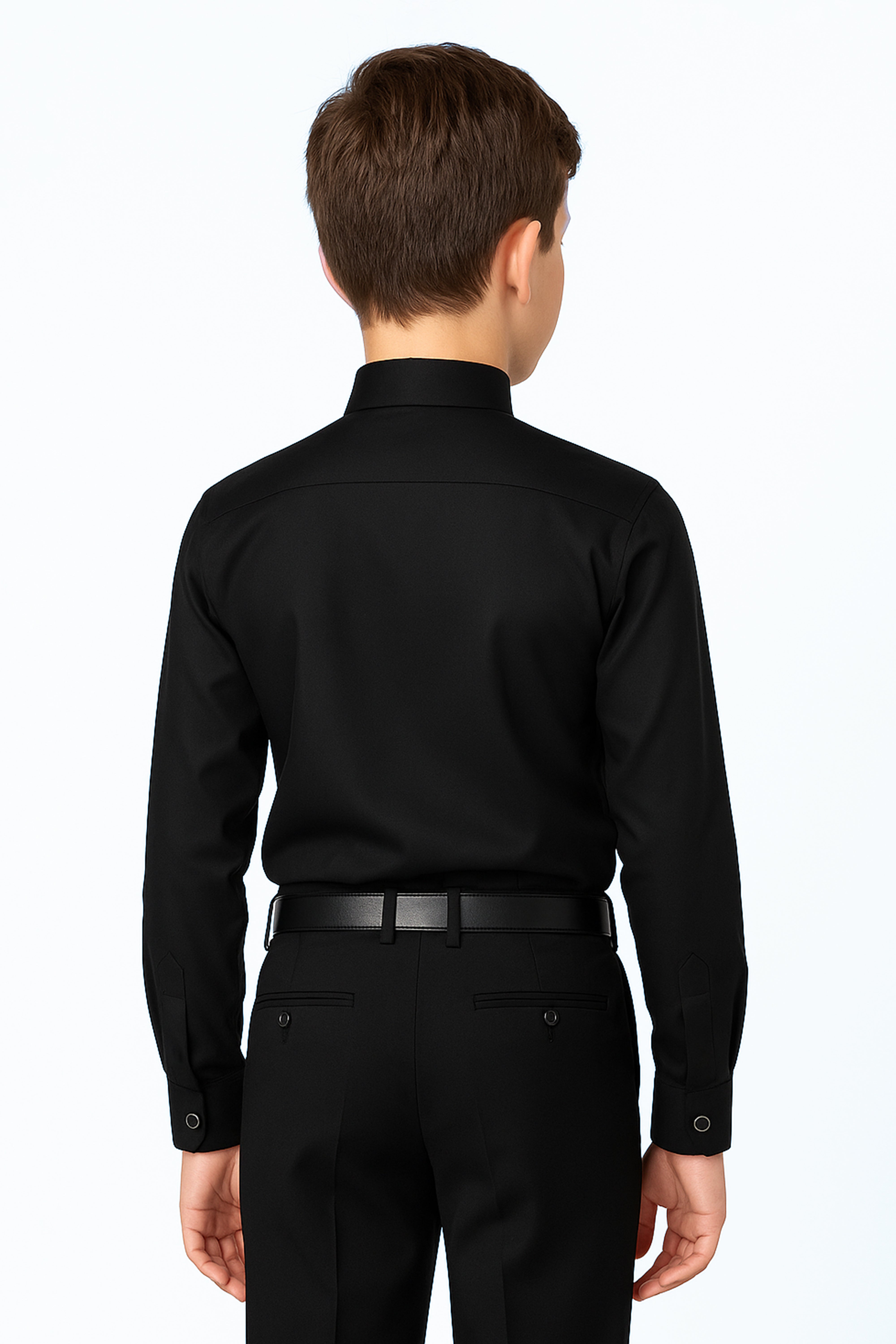 Boys Cotton Wing Collar Pleated Cufflink Shirt  - Black