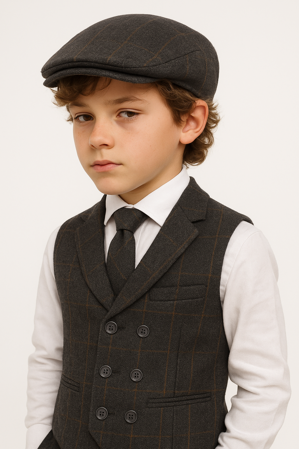 Boys Tailored Fit Herringbone Tweed Check Waistcoat Set - Dark Grey