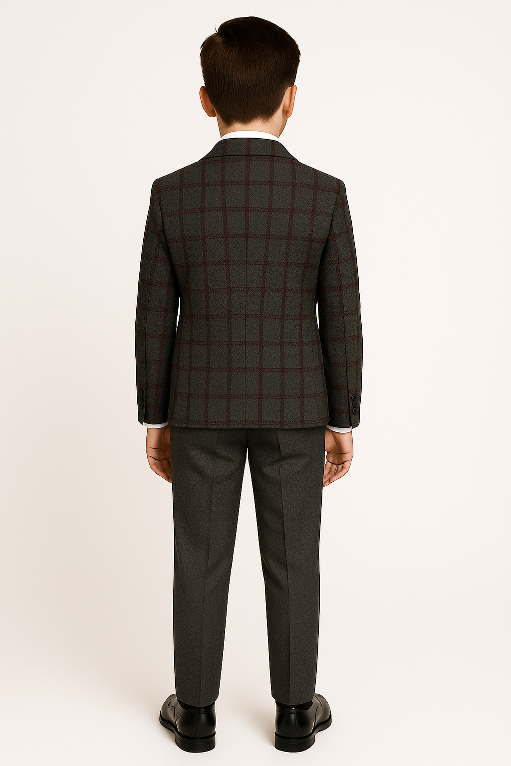 Boys Tailored Fit Windowpane Retro Check Suit - Grey - Burgundy