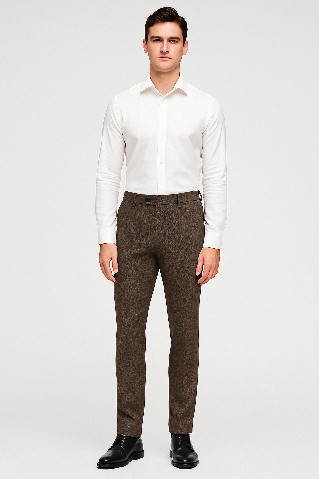 Men's Herringbone Tweed Slim Fit Trousers - MARTEZ - Tan Brown