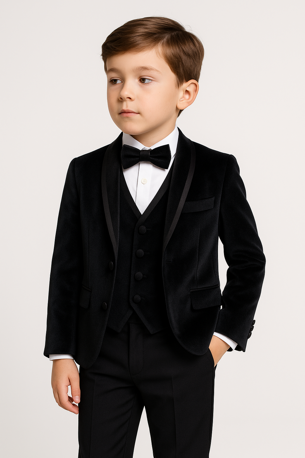 Boys Sheen Lapel Velvet Tuxedo Suit - Black