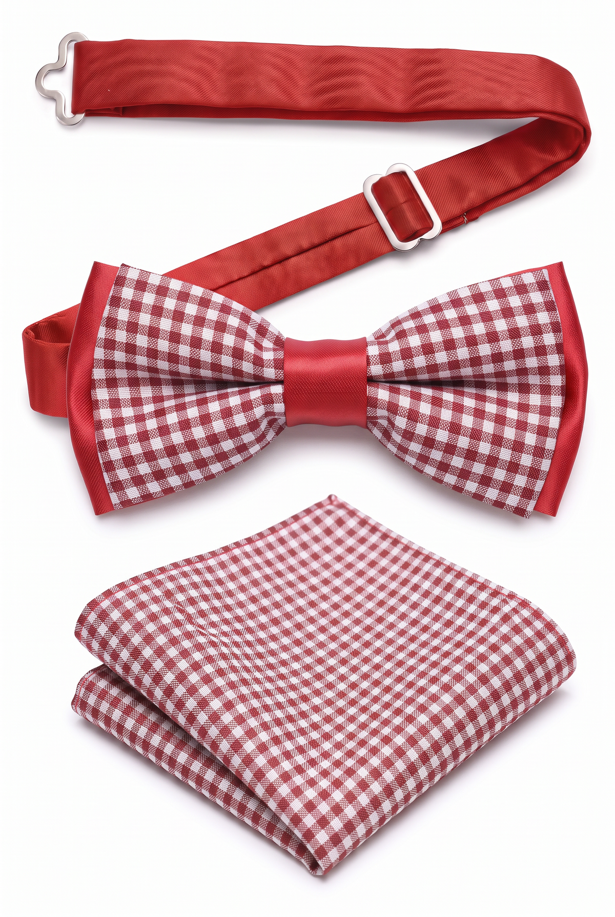 Boys Adjustable Pre-Tied Checkered Bow Tie & Pocket Square Set - Burgundy and Grey