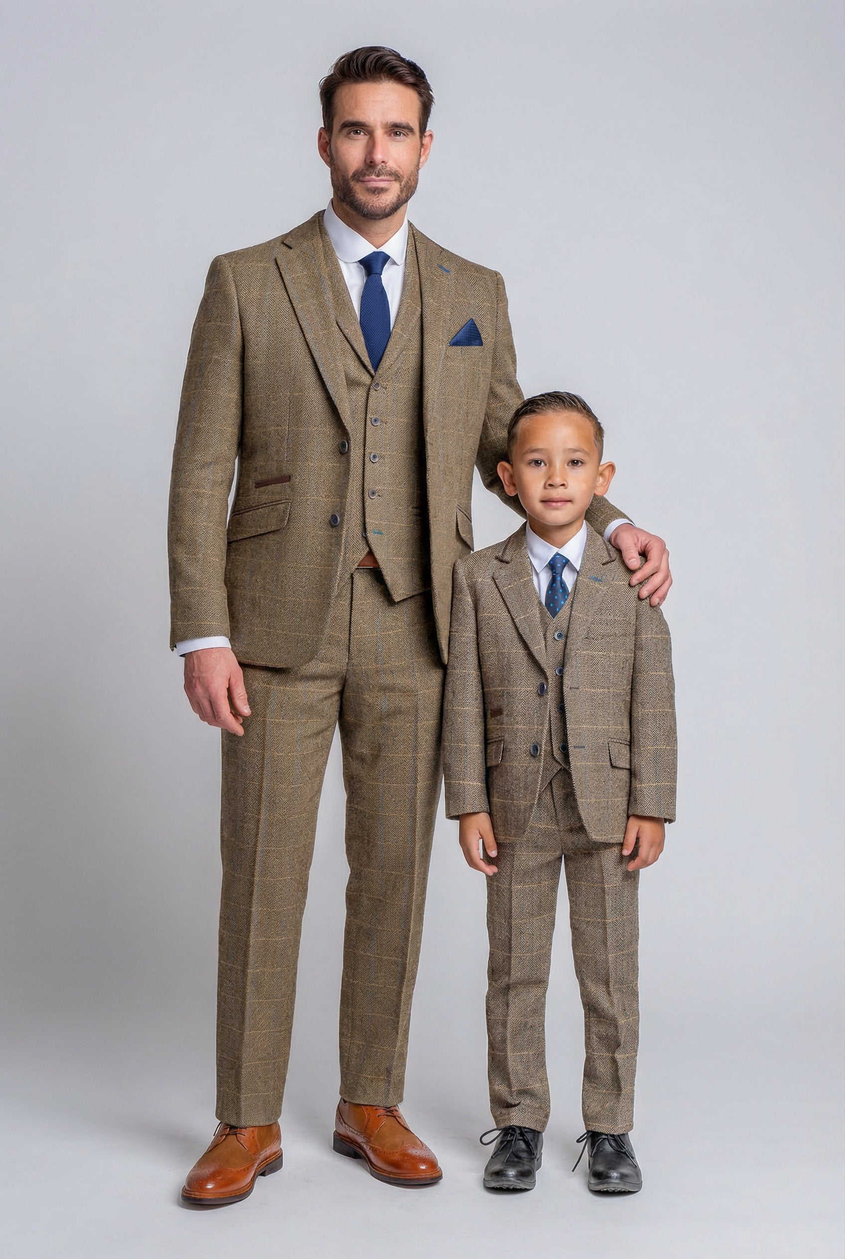 Father & Son Matching Herringbone Windowpane Check Tweed 3-Piece Suit Set - Albert Brown
