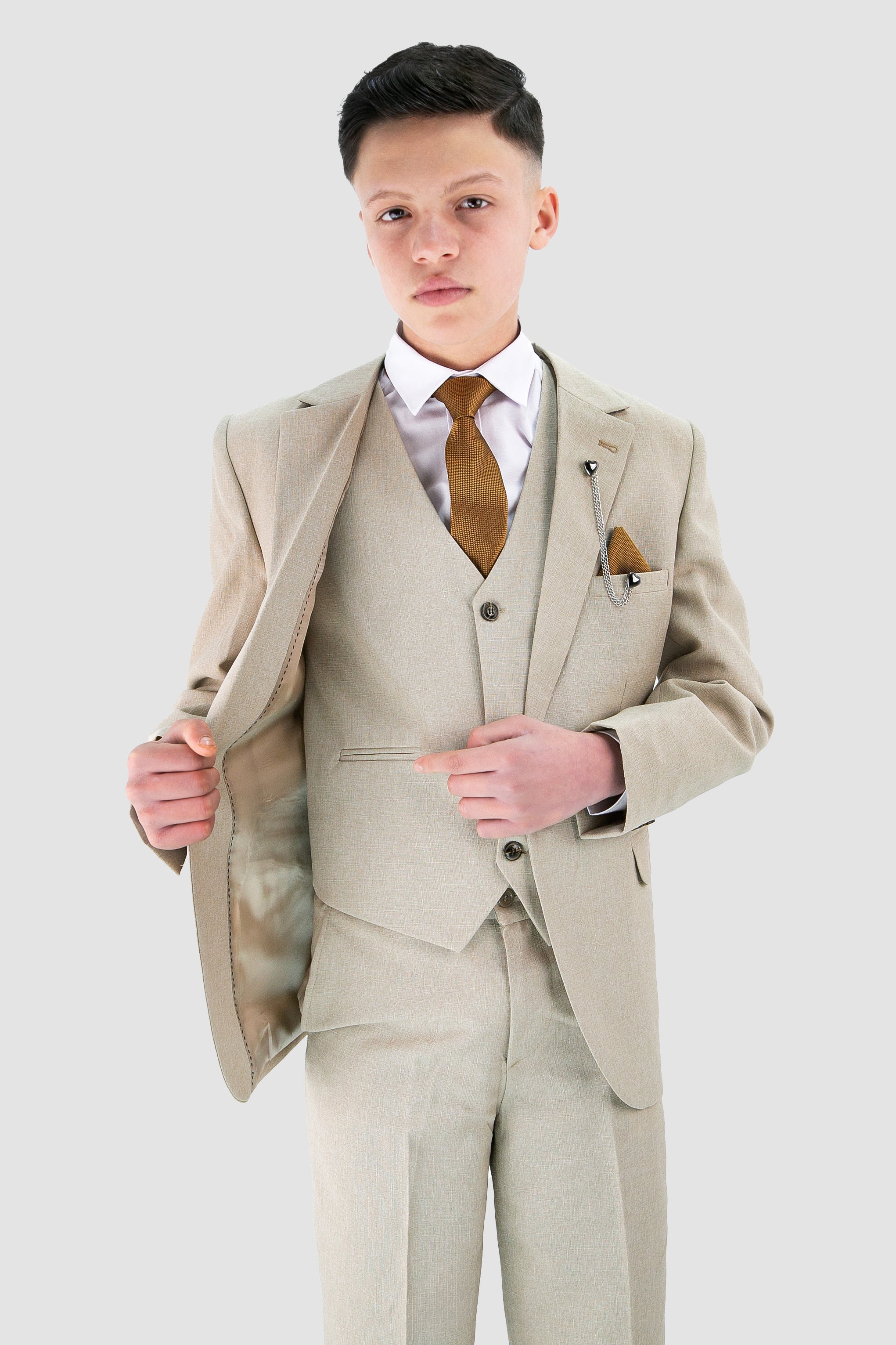 Boys Slim Fit Textured 8-Piece Formal Suit Set - Beige