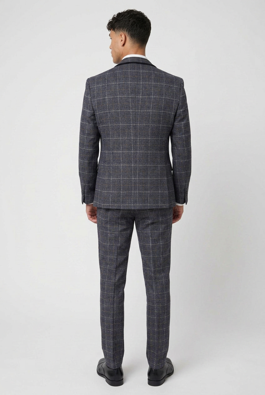 Men’s Navy Grey Check 3-Piece Suit with Double-Breasted Waistcoat