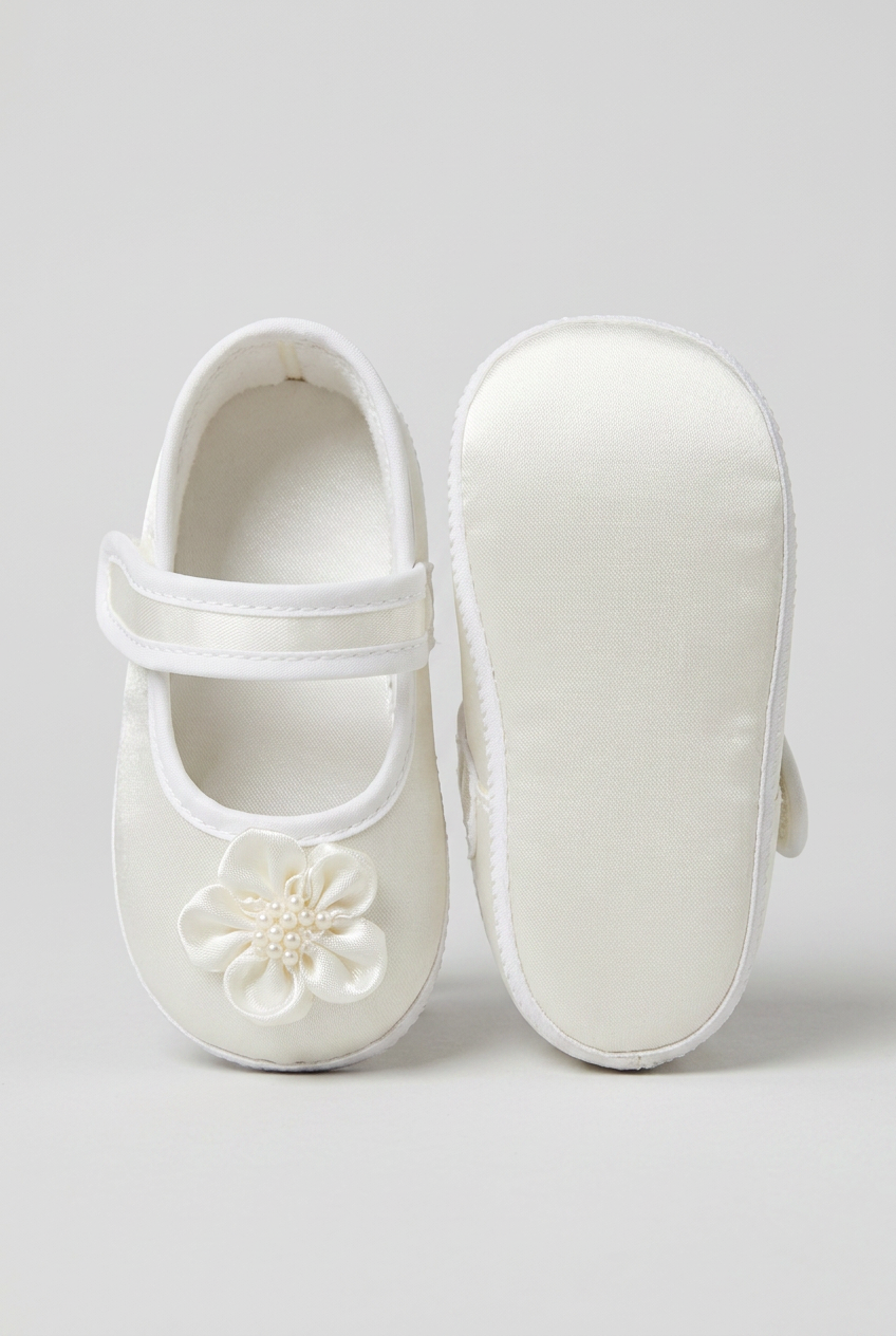 Baby Girls Satin Flower Pram Shoes - White