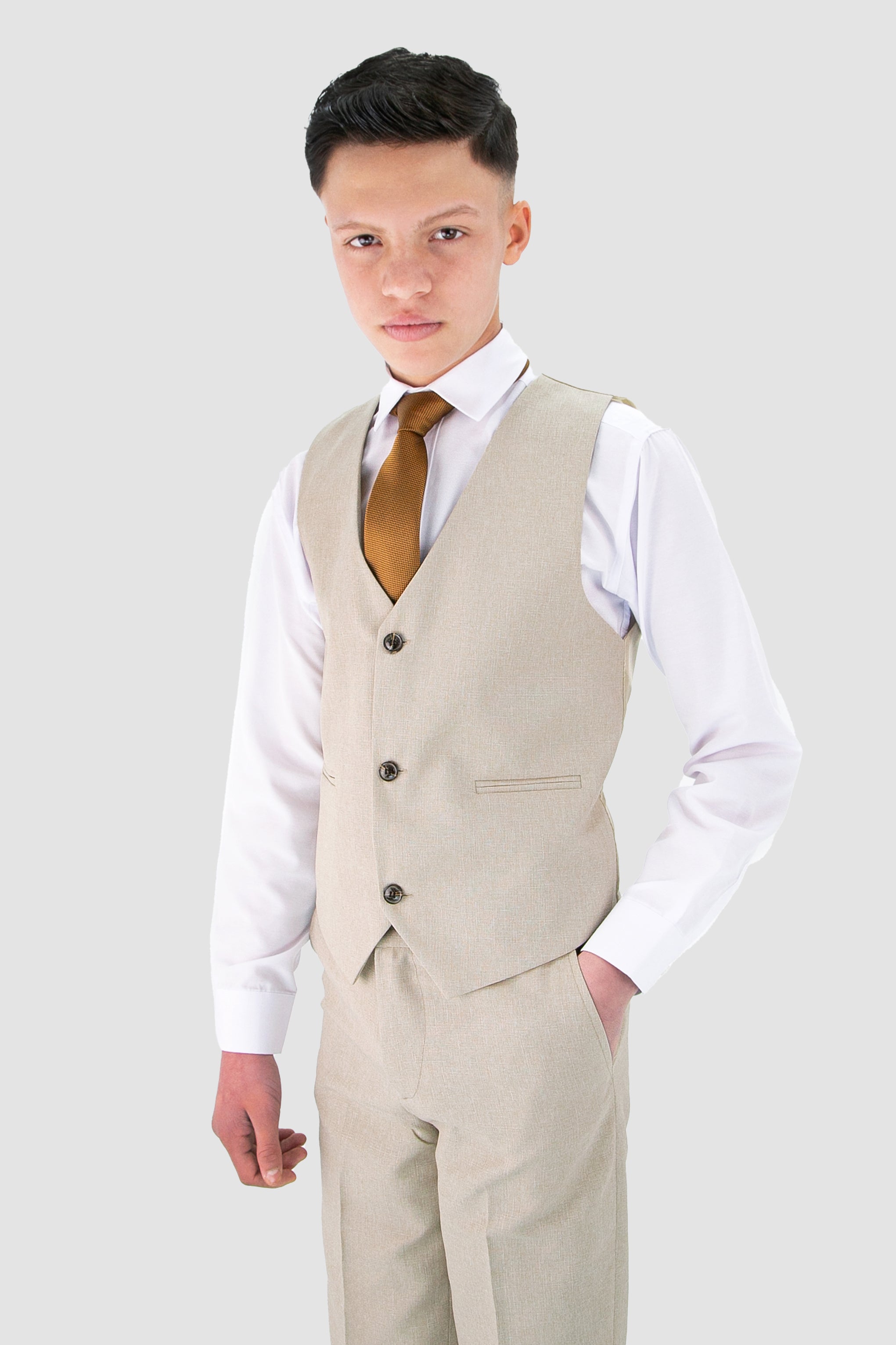 Boys Slim Fit Textured 8-Piece Formal Suit Set - Beige