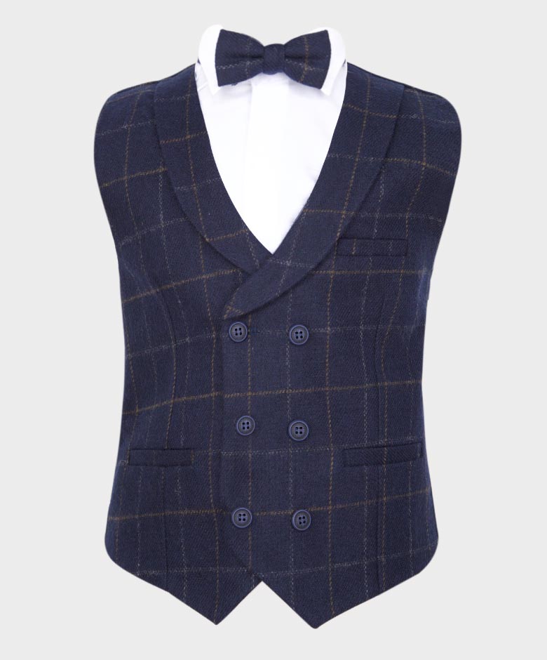 Boys Tailored Fit Herringbone Tweed Check Waistcoat Set - Navy Blue