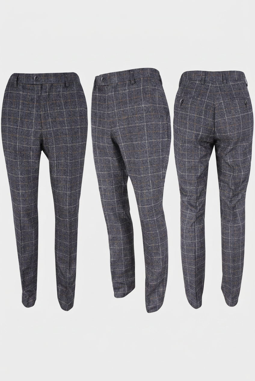 Men’s Navy Grey Check 3-Piece Suit with Double-Breasted Waistcoat