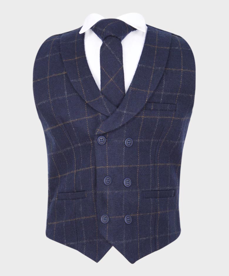Boys Tailored Fit Herringbone Tweed Check Waistcoat Set - Navy Blue