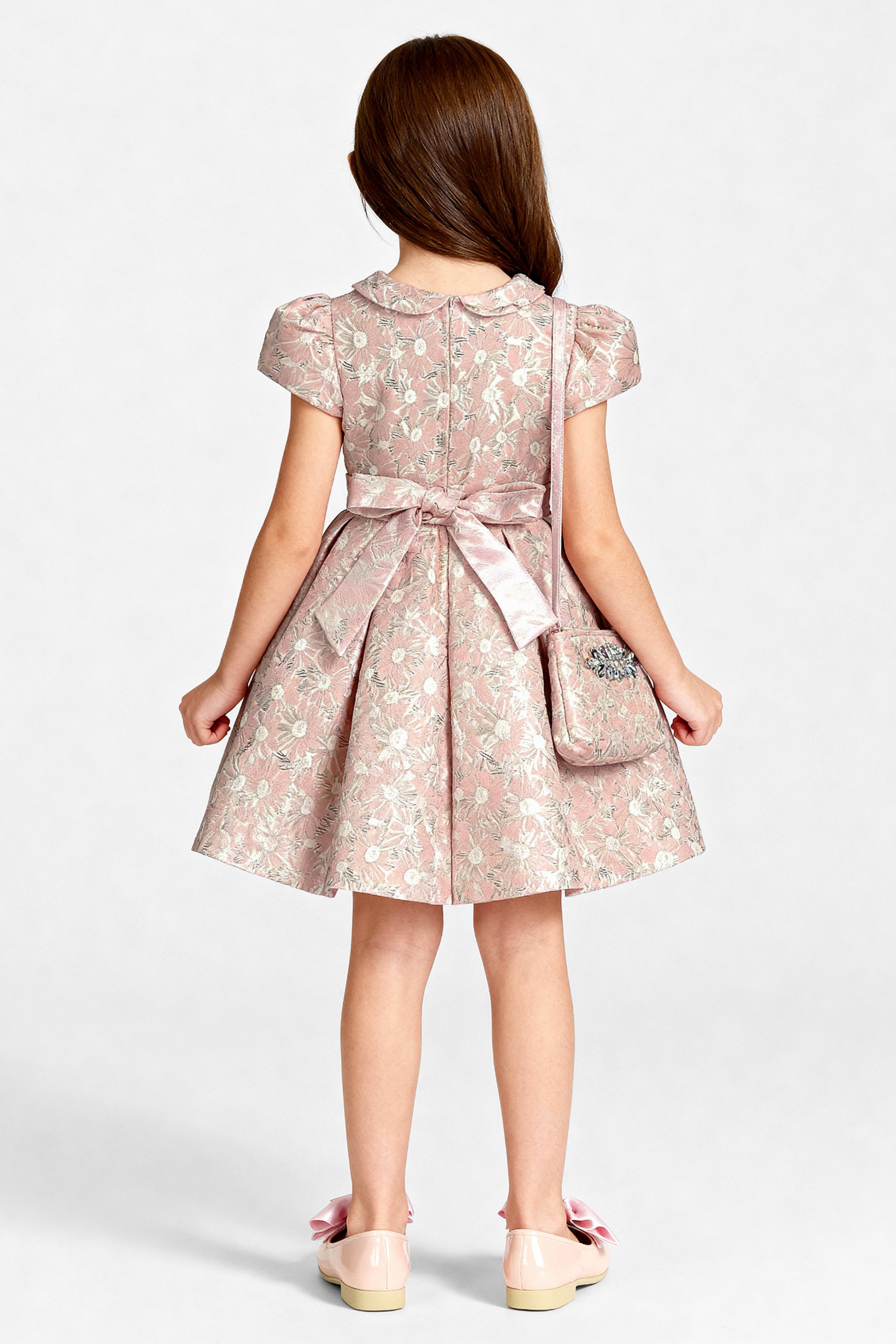 Girls Floral Brocade Dress with Peter Pan Collar - Pink - Back Picture
