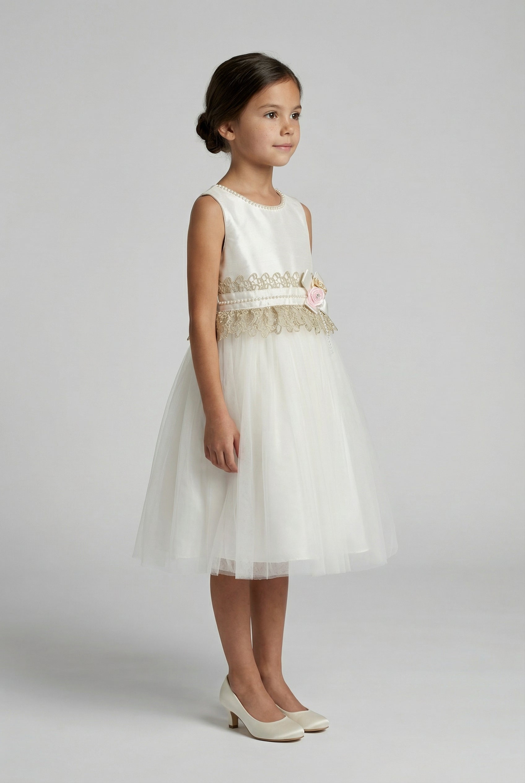 Babies & Girls Ivory Satin & Tulle Dress Side Picture