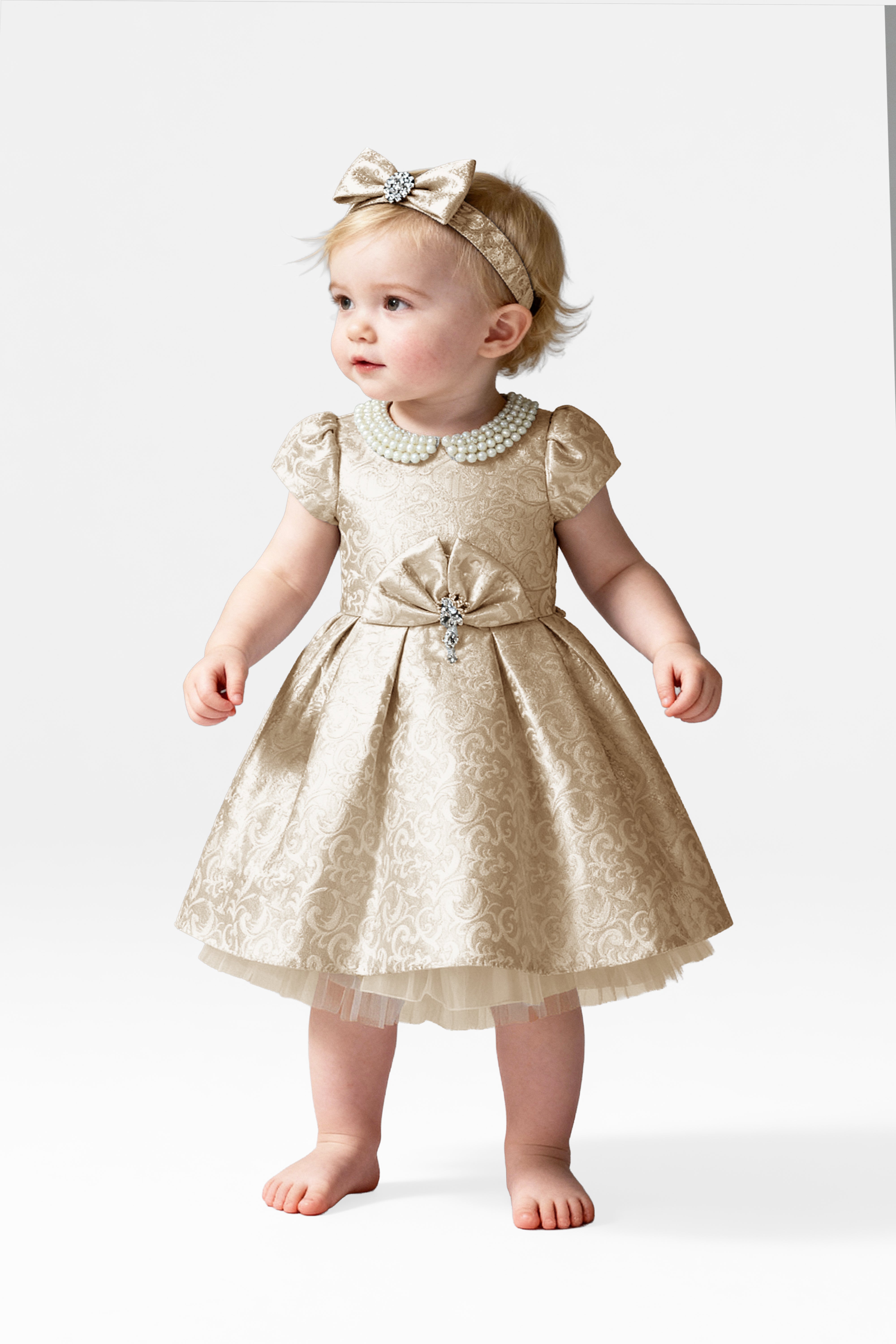 Babies & Girls Peter Pan Collar Brocade Dress - Gold Model Picture