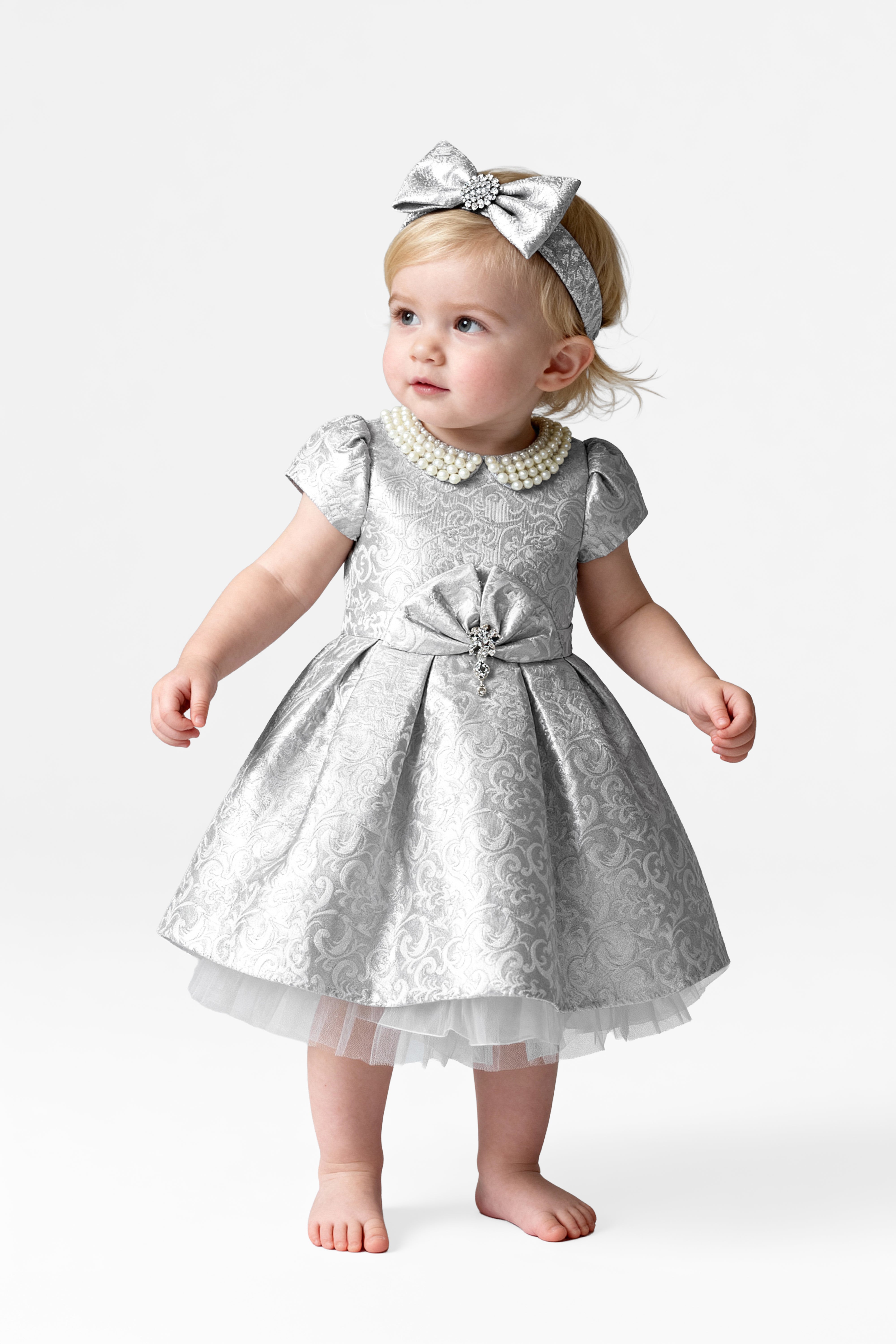 Babies & Girls Peter Pan Collar Brocade Dress - Silver Modewl Picture