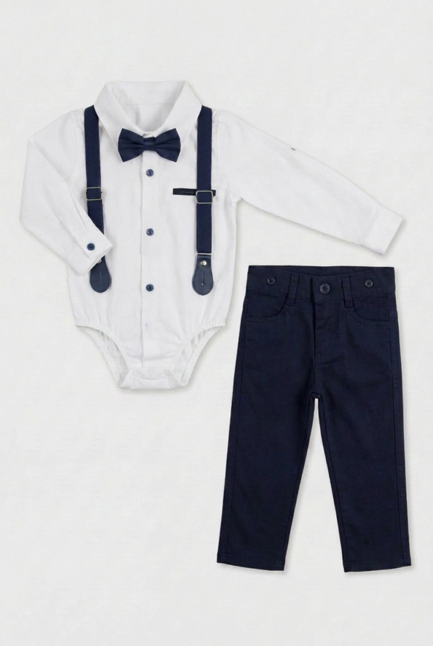 Baby Boys 4-Piece Cotton Gentleman Outfit Set - White & Navy Blue