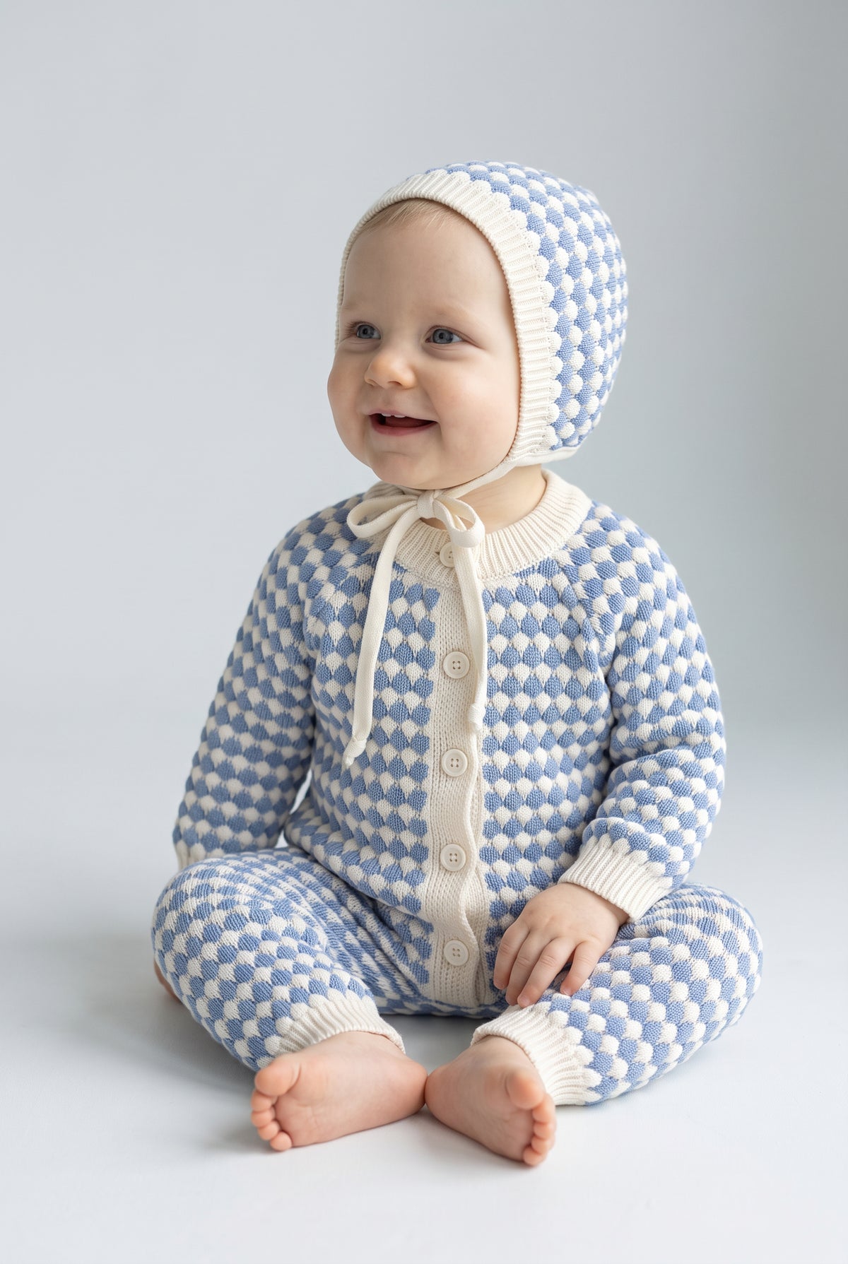 Baby Boys Bubble Knit Romper & Bonnet 2-Piece Set - 26016 Blue Model Picture