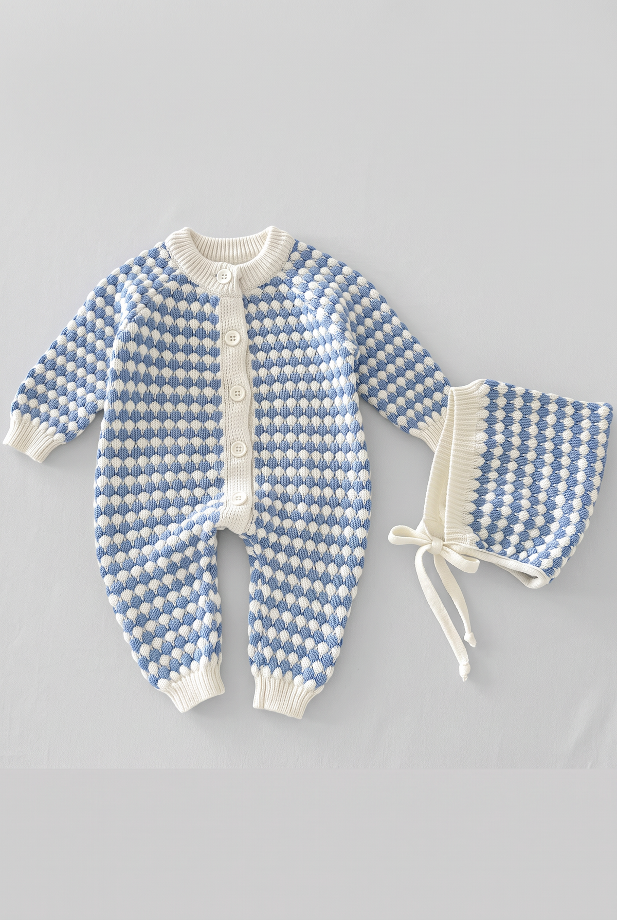 Baby Boys Bubble Knit Romper & Bonnet 2-Piece Set - 26016 Blue Picture