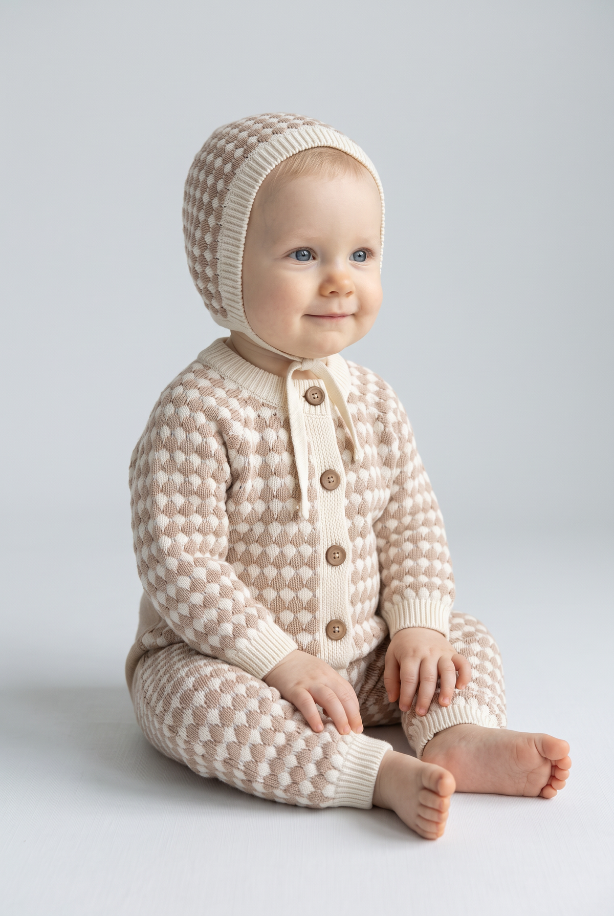 Baby Boys Bubble Knit Romper & Bonnet 2-Piece Set - 26016 Brown Model Picture