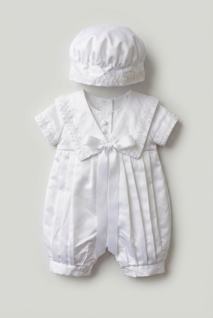 Baby Boys Christening Outfit Set with Sailor Collar & Matching Hat - White