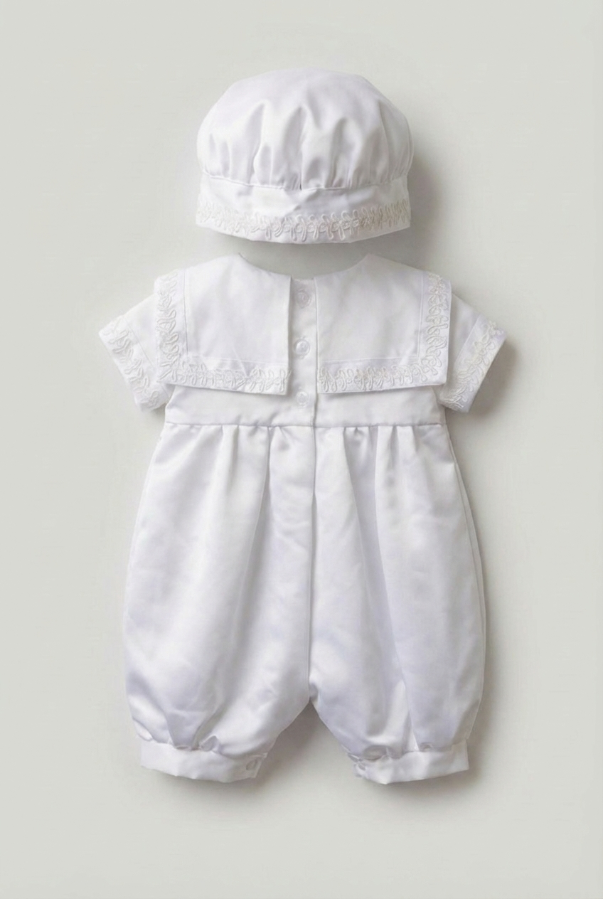 Baby Boys Christening Outfit Set with Sailor Collar & Matching Hat - White