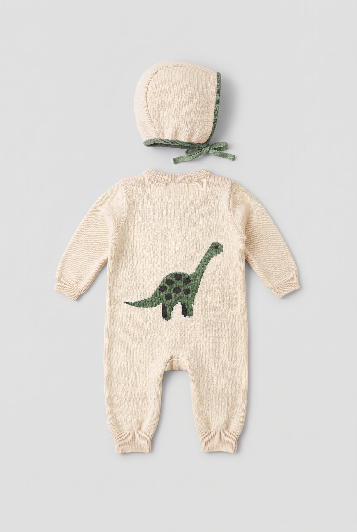 Baby Boys Dinosaur Knitted Romper & Bonnet 2-Piece Set - 26061 Ivory Back Picture