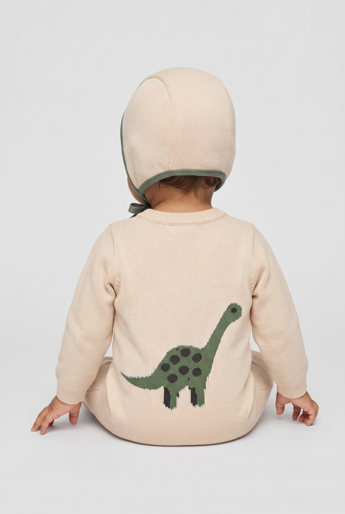 Baby Boys Dinosaur Knitted Romper & Bonnet 2-Piece Set - 26061 Ivory Model Back Picture