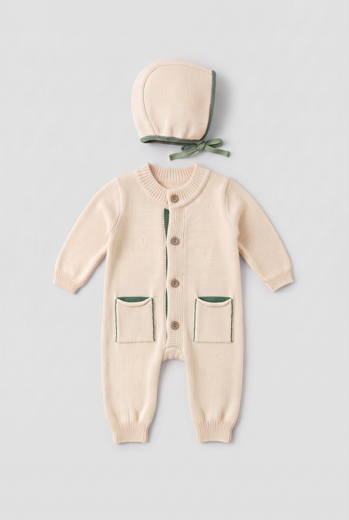 Baby Boys Dinosaur Knitted Romper & Bonnet 2-Piece Set - 26061 Ivory Front Picture