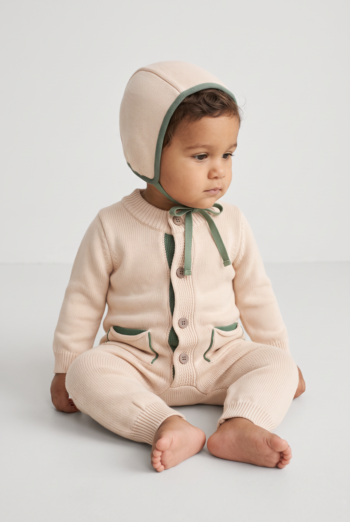 Baby Boys Dinosaur Knitted Romper & Bonnet 2-Piece Set - 26061 Ivory Model Picture
