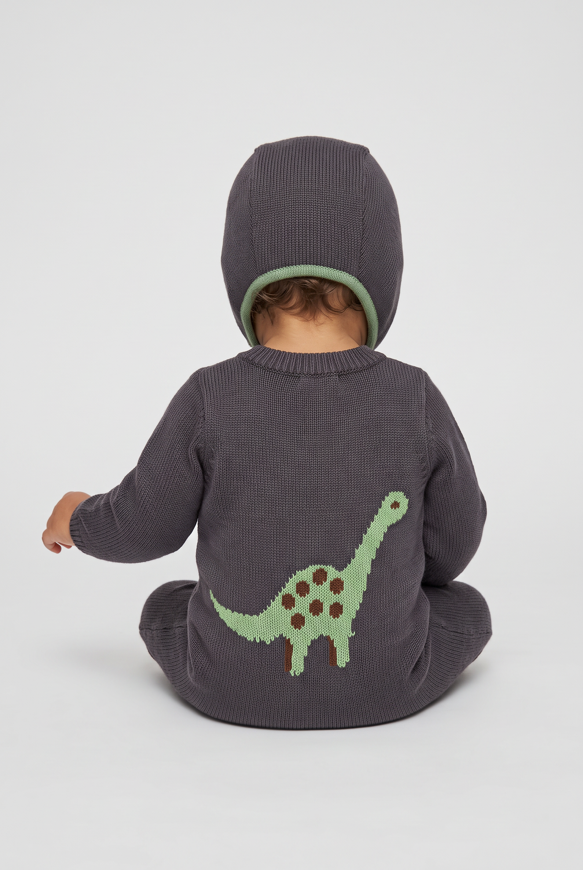 Baby Boys Dinosaur Knitted Romper & Bonnet 2-Piece Set - 26061 Navy Model Back Picture