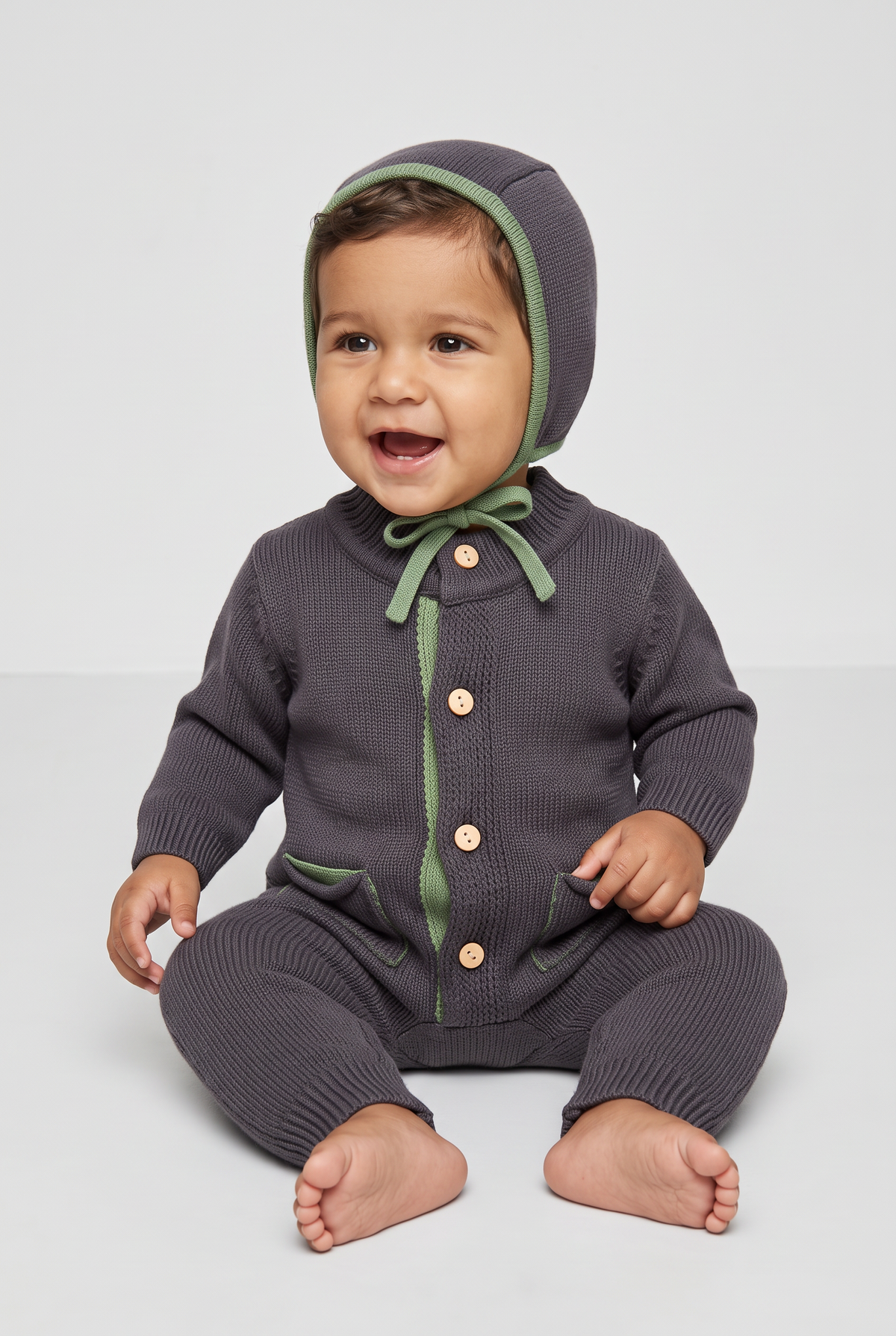 Baby Boys Dinosaur Knitted Romper & Bonnet 2-Piece Set - 26061 Navy Baby Model Picture
