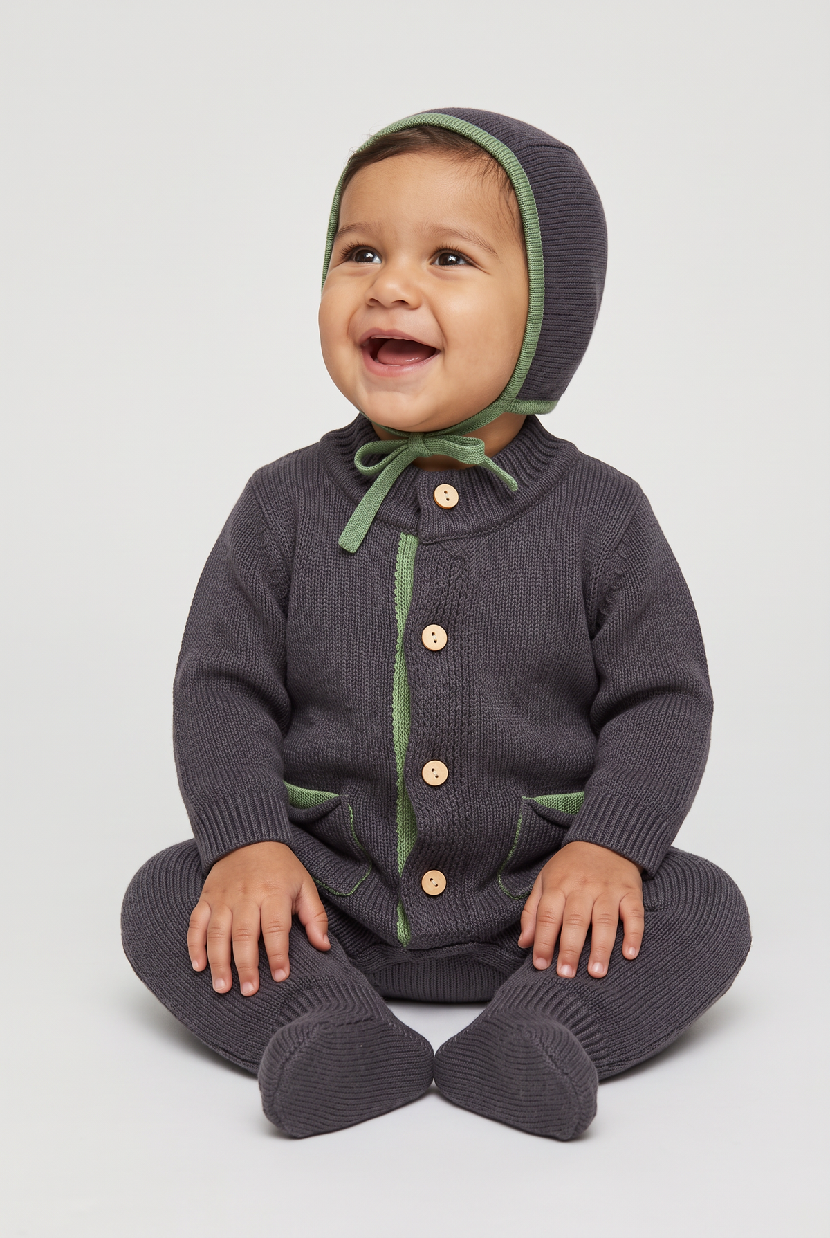 Baby Boys Dinosaur Knitted Romper & Bonnet 2-Piece Set - 26061 Navy Model Picture