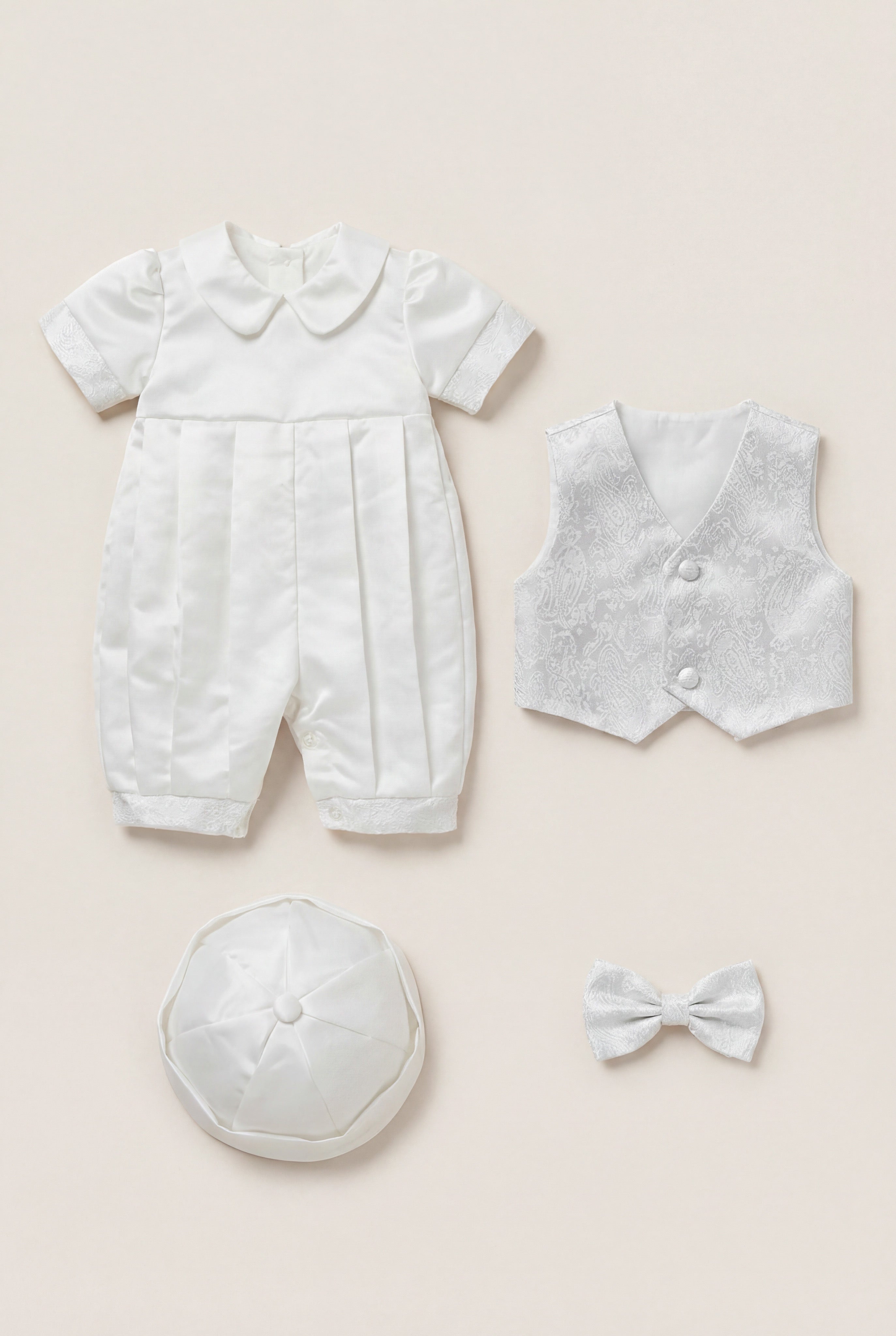 Baby Boys Ivory Christening Romper Set with Jacquard Waistcoat & Hat