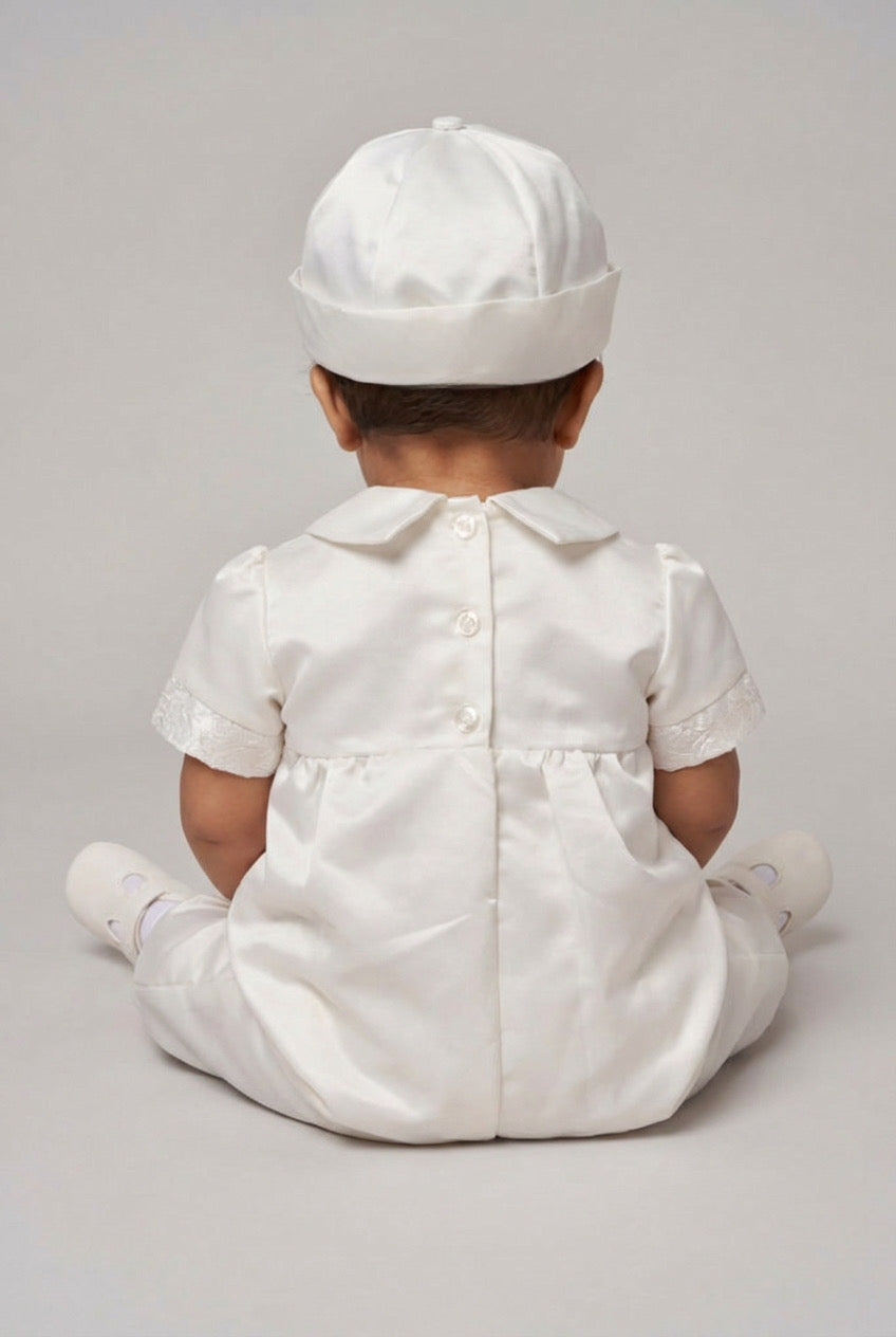 Baby Boys Ivory Christening Romper Set with Jacquard Waistcoat & Hat