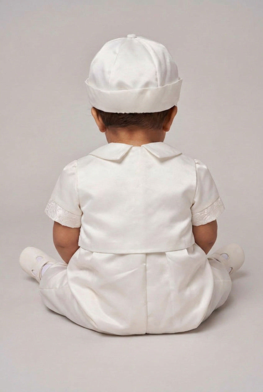 Baby Boys Ivory Christening Romper Set with Jacquard Waistcoat & Hat