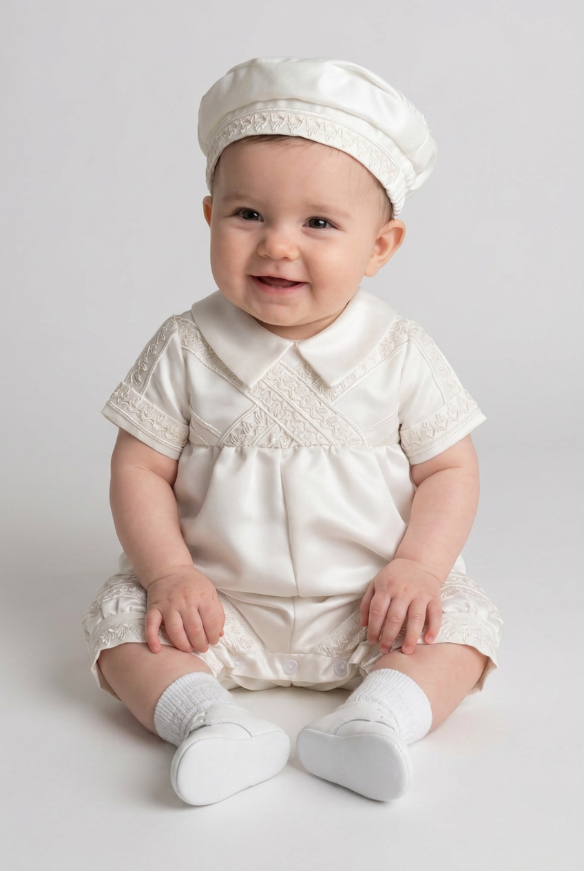 Baby Boys Ivory Christening Satin Romper Set & Matching Hat