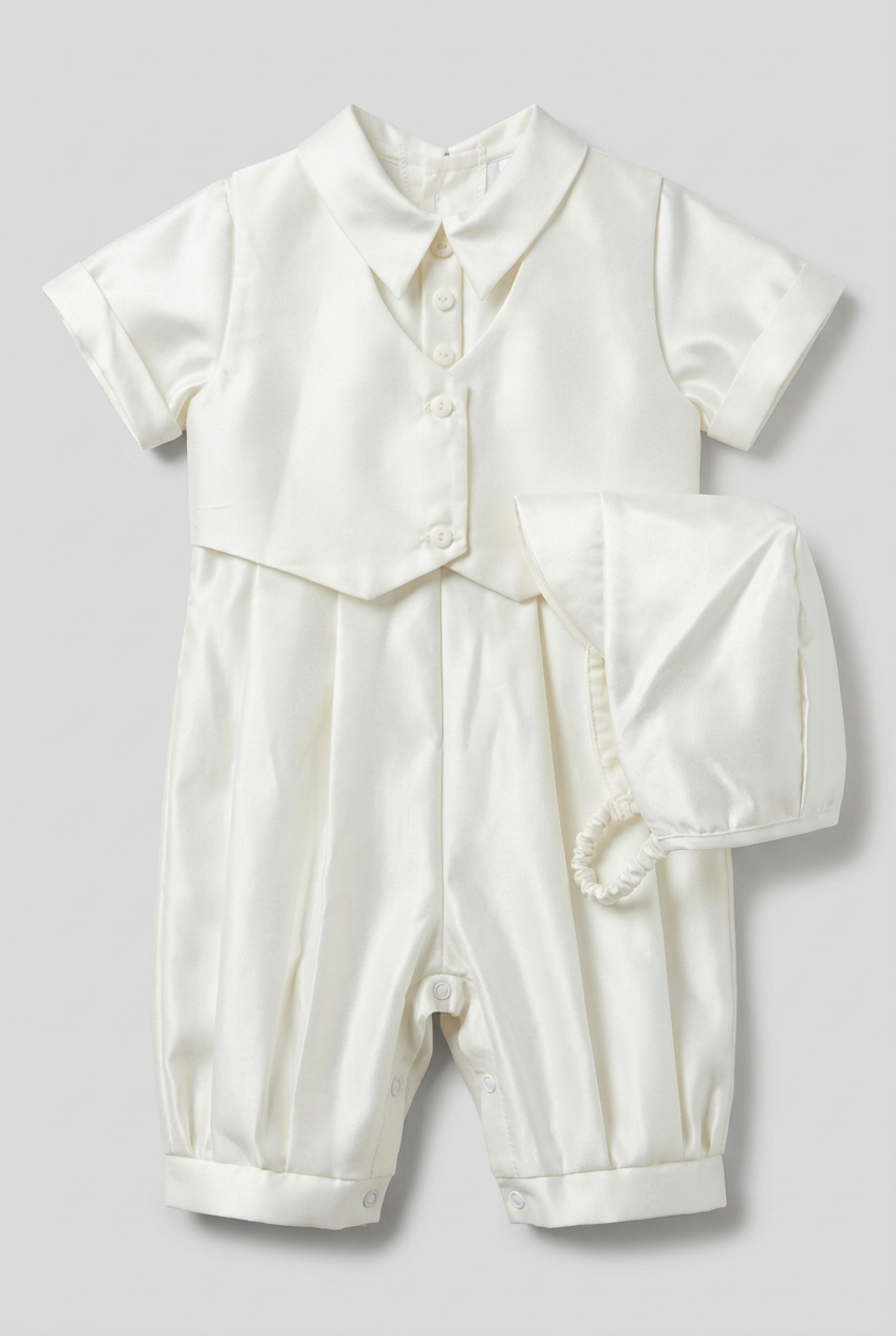 Baby Boys Ivory Satin Christening Romper & Matching Bonnet Set