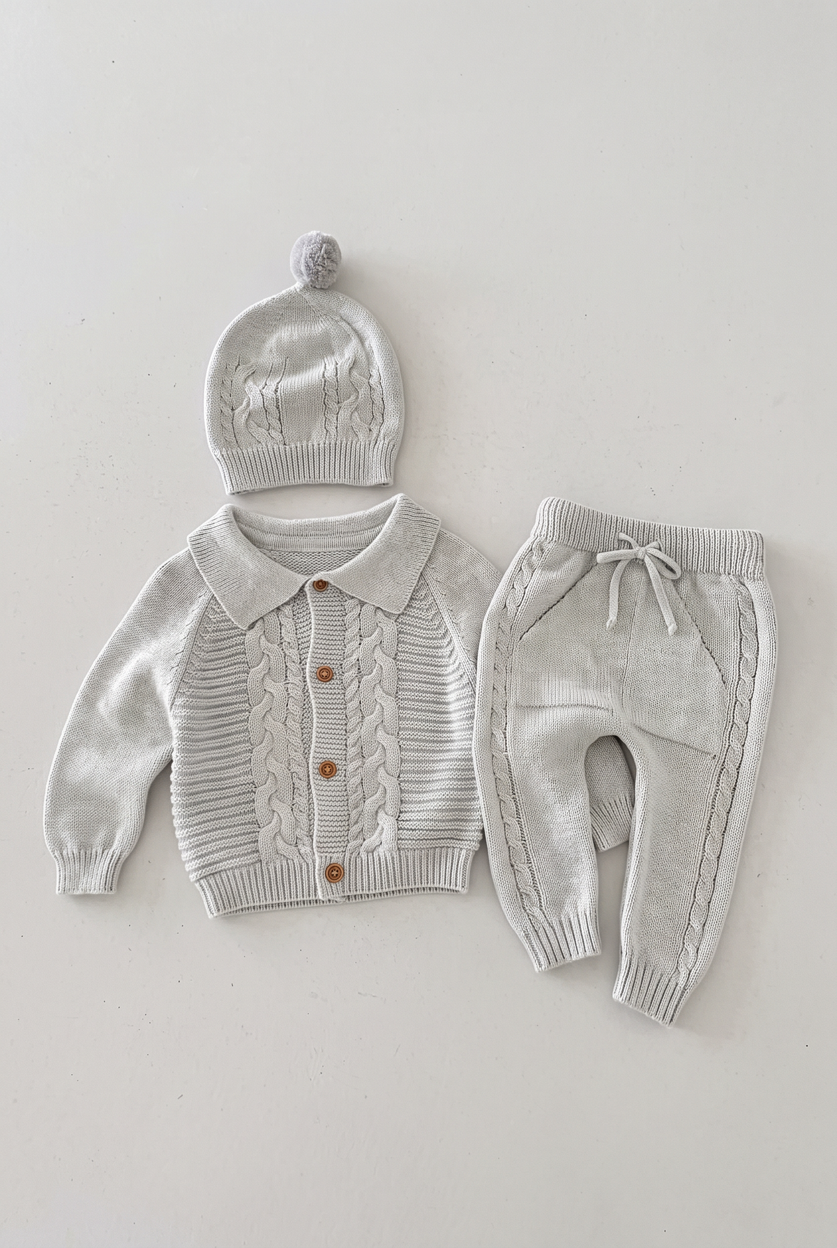 Baby Boys Knitted Cardigan Joggers & Hat 3-Piece Set - 26035 Grey