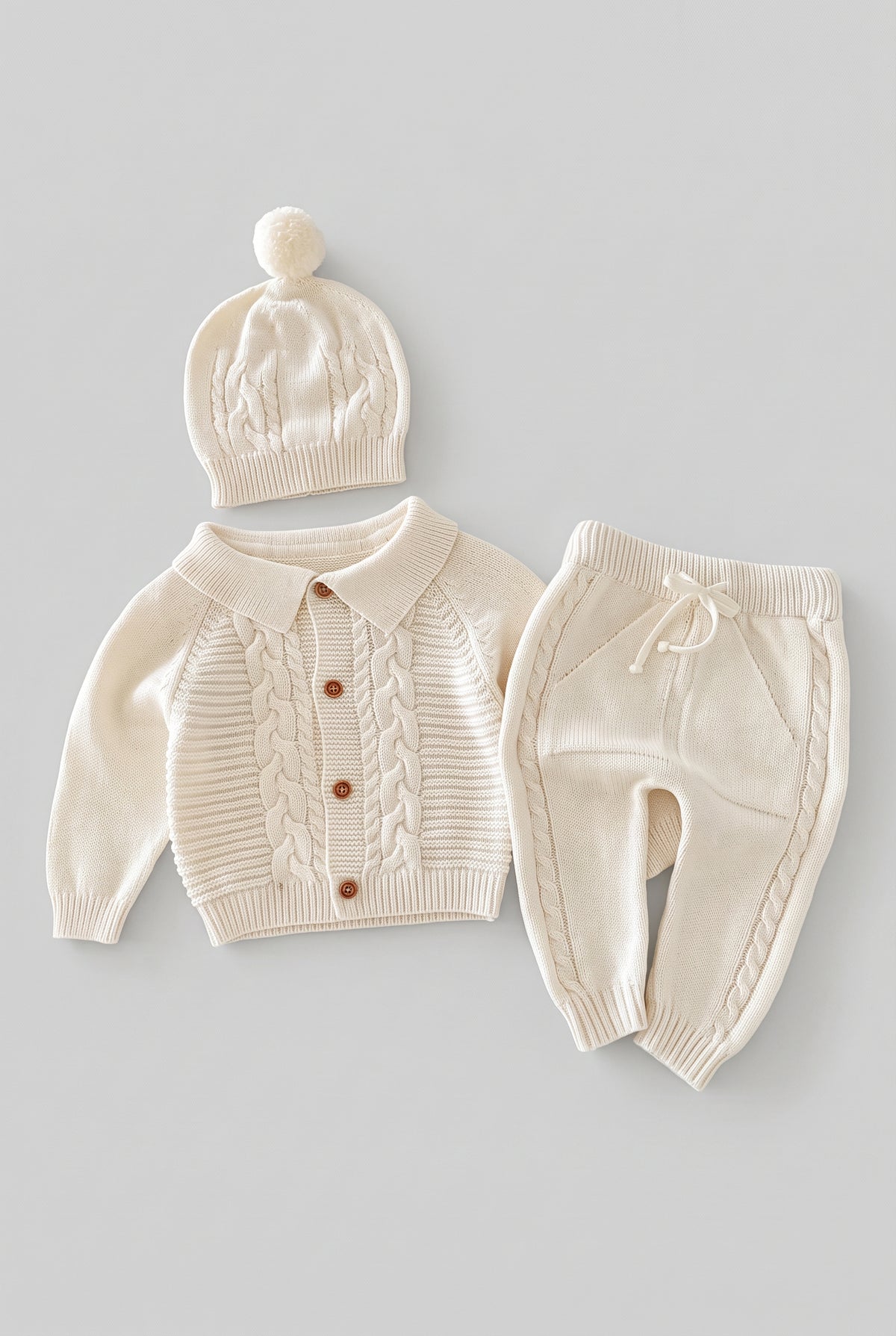 Baby Boys Knitted Cardigan Joggers & Hat 3-Piece Set - 26035 Ivory