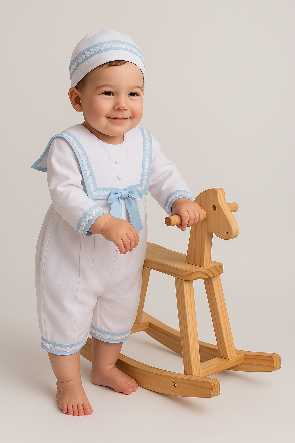 Baby Boys White Christening Romper with Hat - William mODEL pICTURE