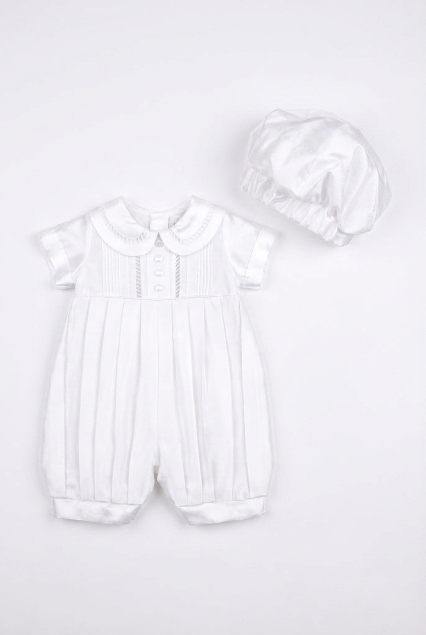 Baby Boys White Christening Satin Romper Set with Peter Pan Collar Front Picture