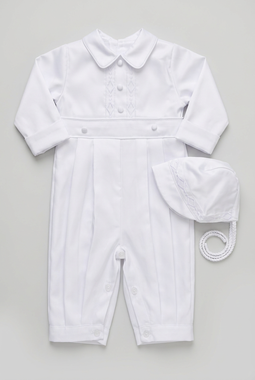 Baby Boys White Embroidered Christening Romper & Matching Bonnet Set