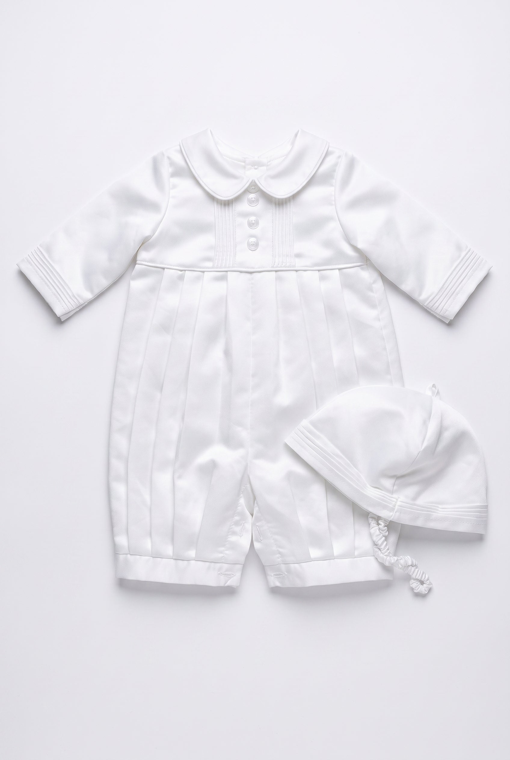 Baby Boys White Satin Christening Romper & Matching Bonnet Set