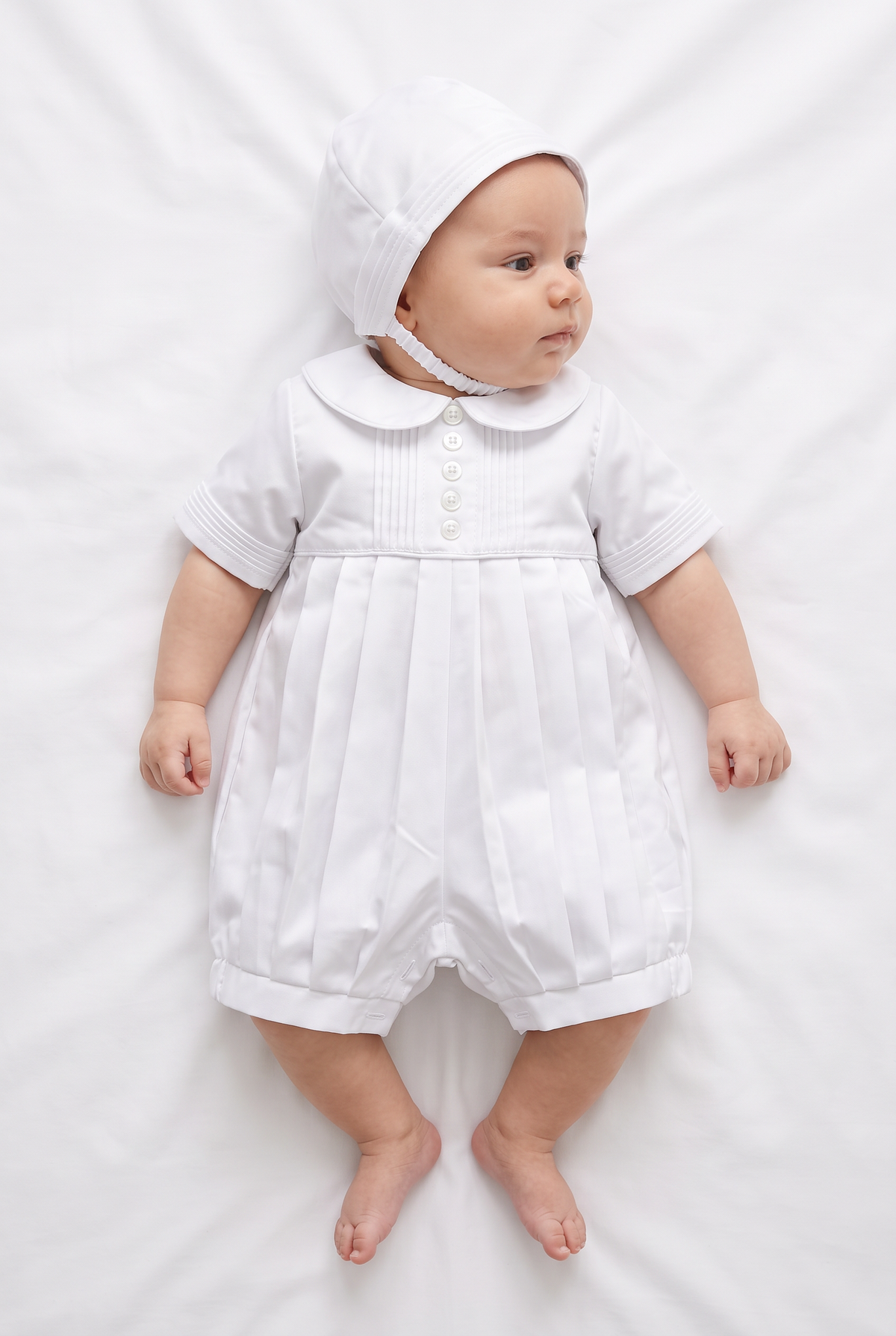 Baby Boys White Satin Christening Romper & Matching Bonnet Set Baby Picture