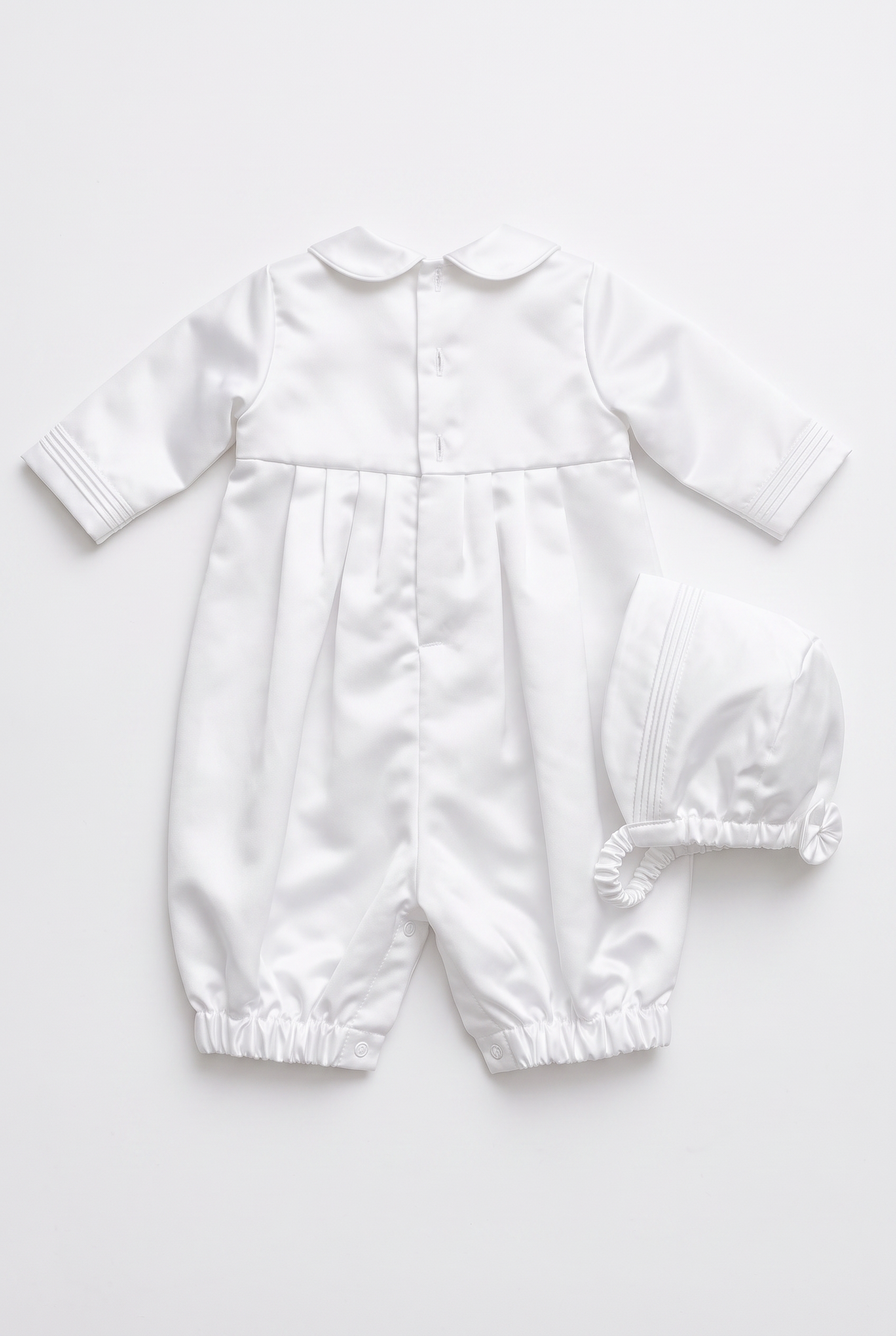 Baby Boys White Satin Christening Romper & Matching Bonnet Set