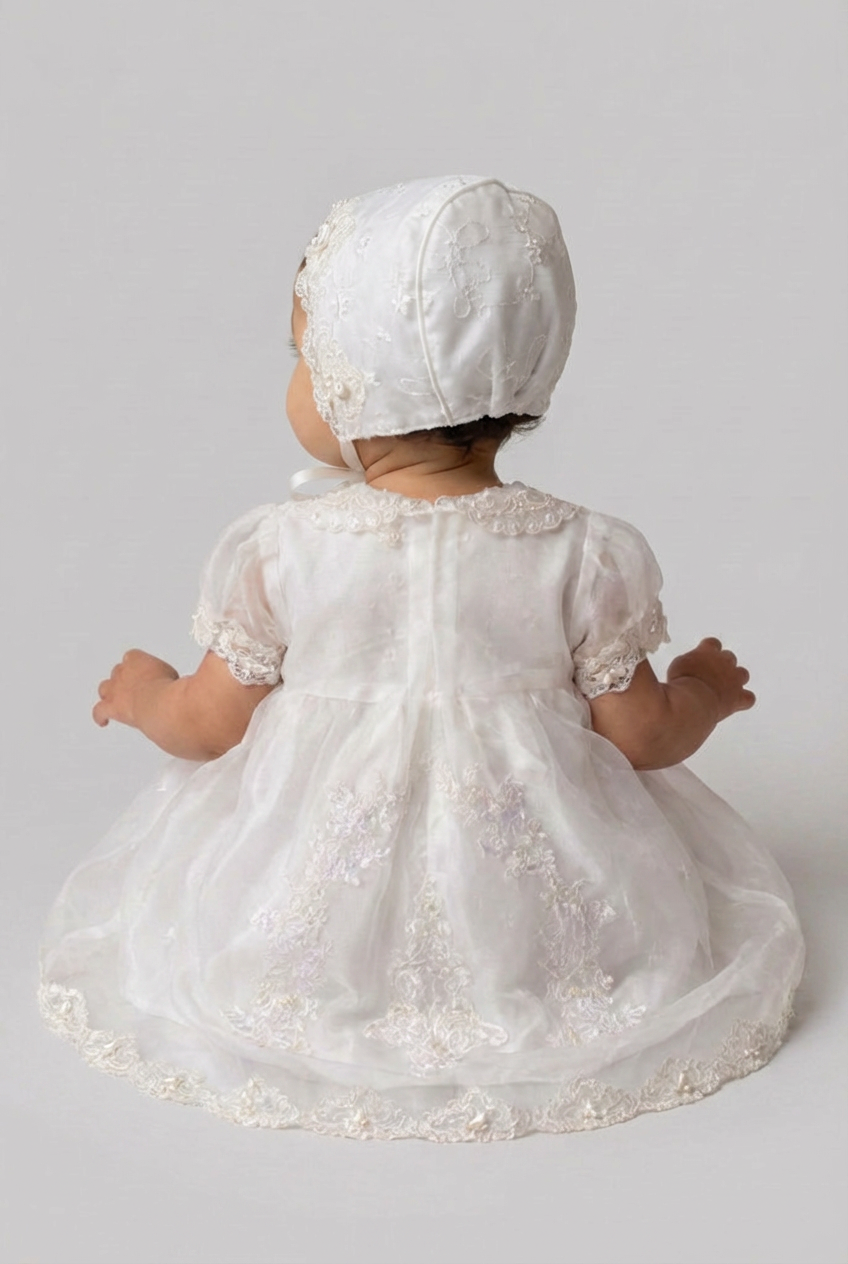 Baby Girls Christening Dress & Bonnet Set with Embroidered Bodice Model Back Picture
