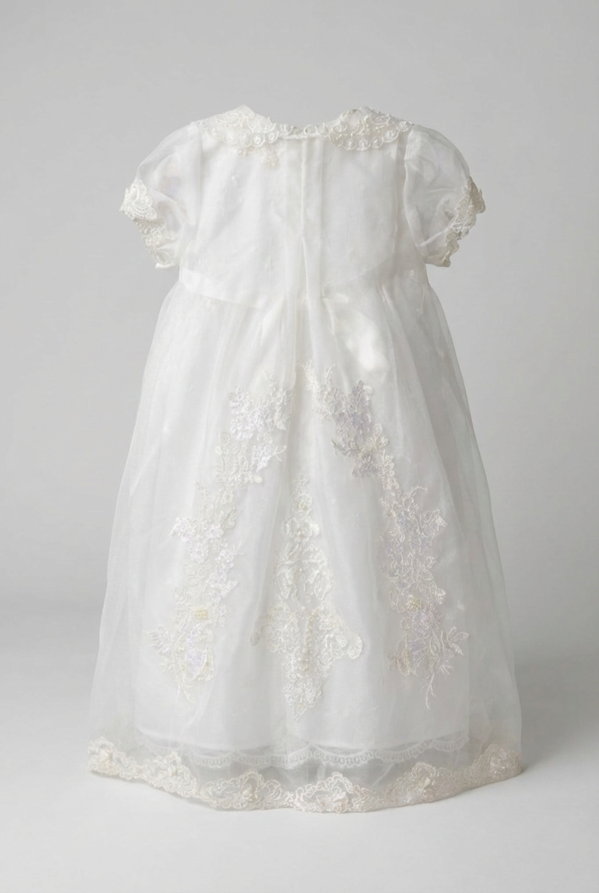 Baby Girls Christening Dress & Bonnet Set with Embroidered Bodice Back Picture